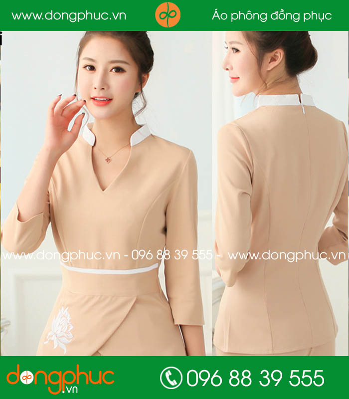 đồng phục spa màu hồng nhạt cổ trắng